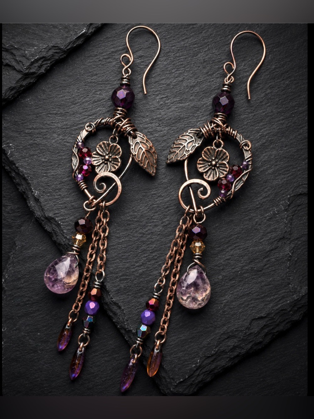 Amethyst Crystal Drop Earrings | Artisan | Boho Jewelry  | Copper Fringe